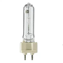 Lampe à halogénures métalliques MHL à culot G12 bi-broche, brûleur visible dans le tube en verre clair, sur fond blanc