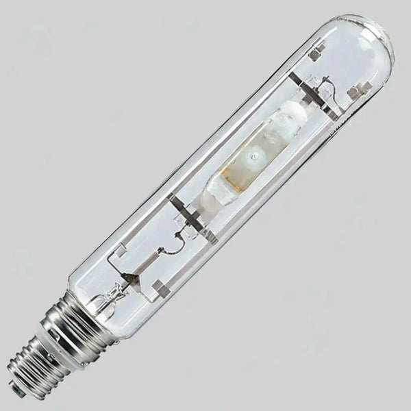 Lampe à halogénures métalliques MHL-T tubulaire en verre clair, brûleur visible, gros culot E40, sur fond gris