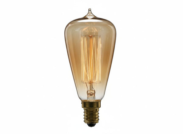 Ampoule Edison ST48 E14 60W en verre ambré à pointe, filament cage allumé, vue sur fond blanc