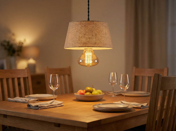 Ampoule mushroom Bart allumée sous un abat-jour en tissu, au-dessus d'une table à manger en bois dressée