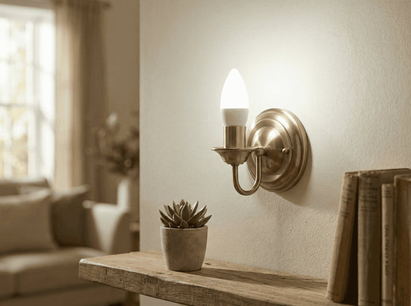 Ampoule flamme LED E14 allumée dans une applique murale en laiton, au-dessus d'une étagère en bois