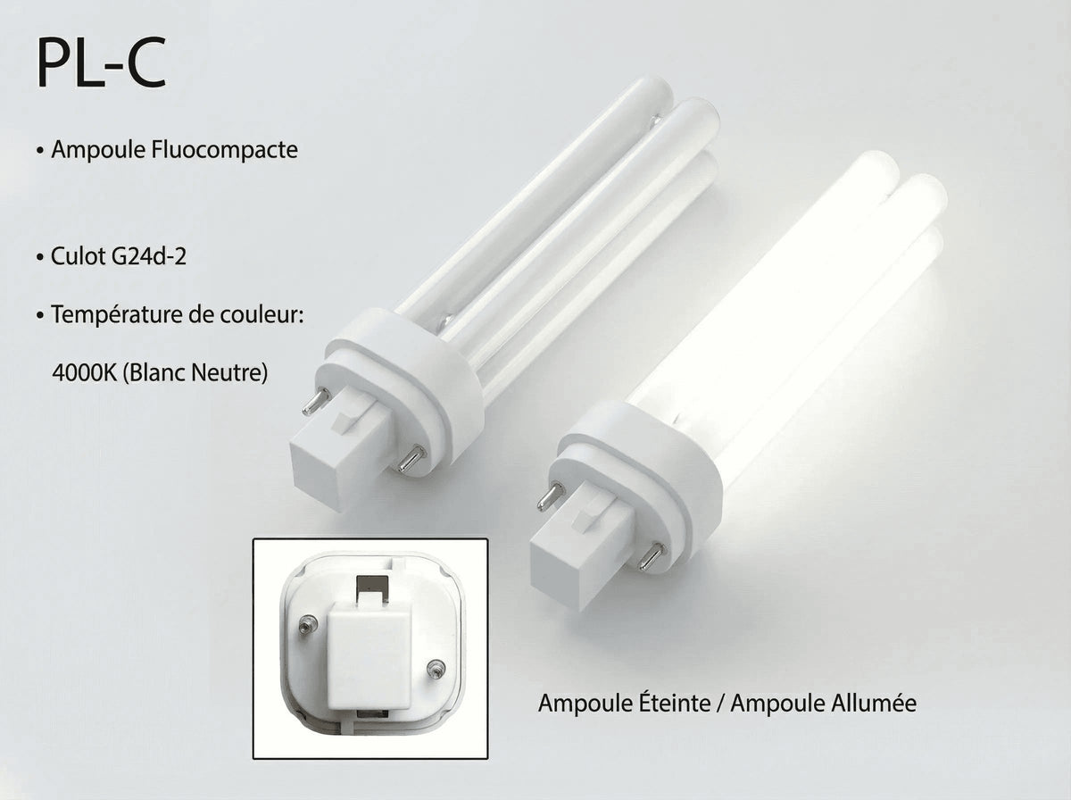 Deux ampoules fluocompactes PL-C 13 W 4000K, l'une éteinte, l'autre allumée, avec gros plan sur le culot 2 broches