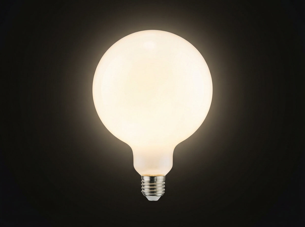 Ampoule globe opaline G125 100 W E27 type Softone allumée
