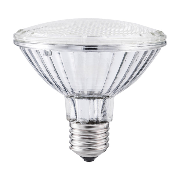 Halogen-Reflektorlampe PAR30 mit Sockel E27, 75 W oder 100 W, Reflektor aus aluminiertem Glas und strukturierter Frontscheibe, Seitenansicht auf weißem Hintergrund
