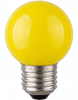 Ampoule LED sphérique G45 jaune à culot E27, globe opaque, vue de près sur fond blanc