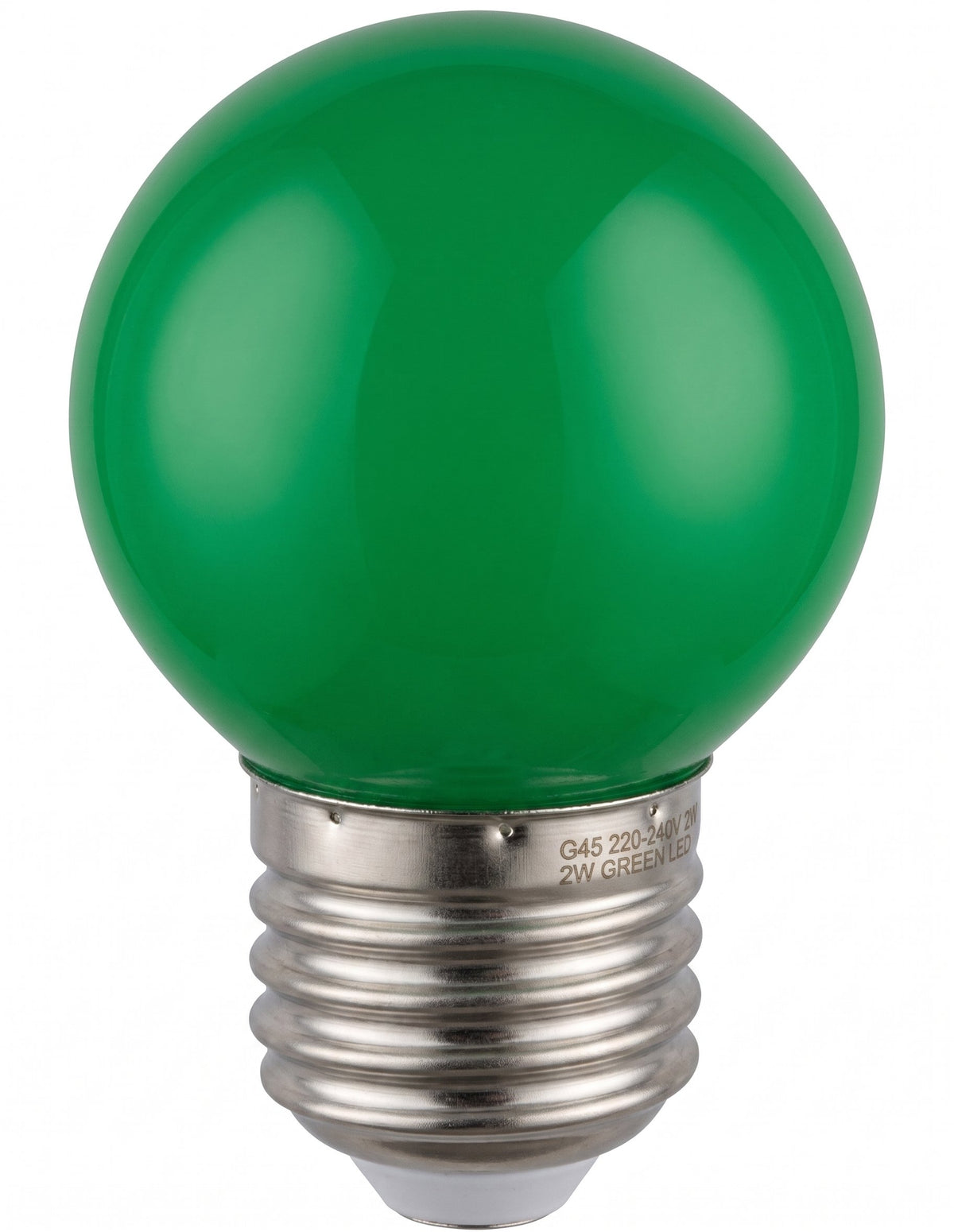 Ampoule LED sphérique G45 verte à culot E27, globe opaque, vue de près sur fond blanc