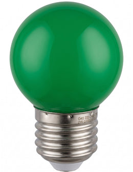 Ampoule LED sphérique G45 verte à culot E27, globe opaque, vue de près sur fond blanc
