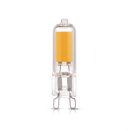 Ampoule G9 LED 3 W : capsule en verre clair, bande LED blanc chaud et deux broches, sur fond blanc