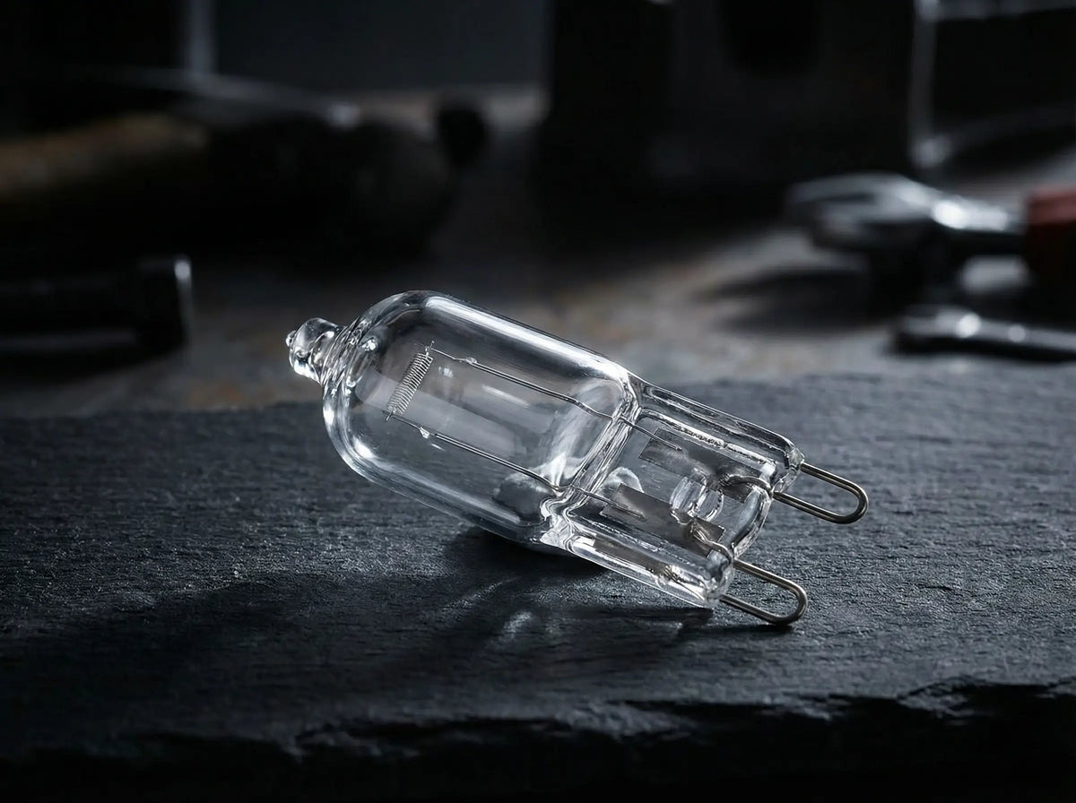 Capsule halogène G9 en verre clair, éteinte, posée sur une ardoise, broches en boucle visibles
