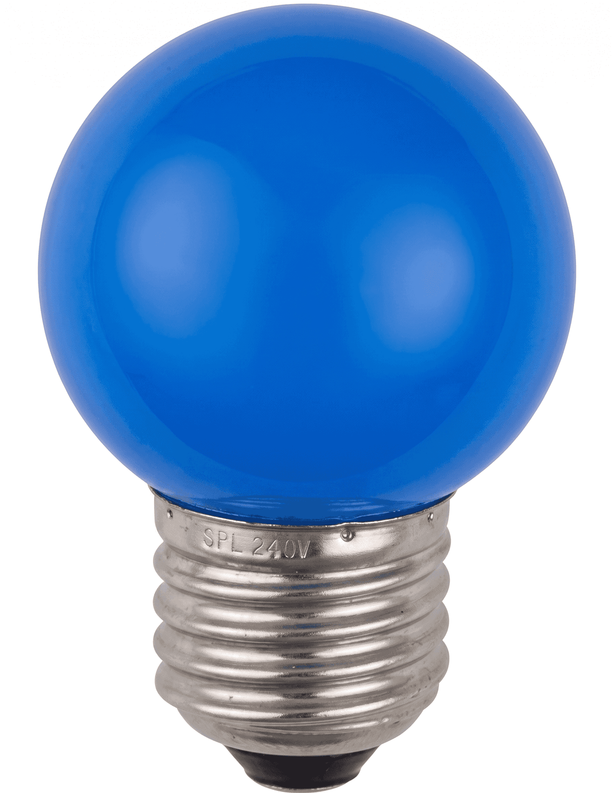 Ampoule LED sphérique G45 bleue à culot E27, globe opaque, vue de près sur fond blanc