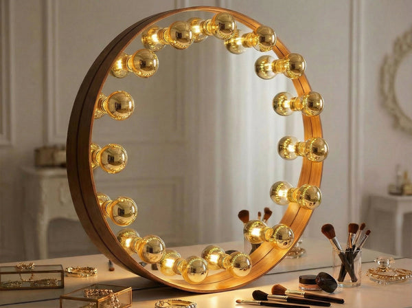 Miroir de maquillage rond bordé d'ampoules sphériques dorées allumées, posé sur une coiffeuse avec pinceaux