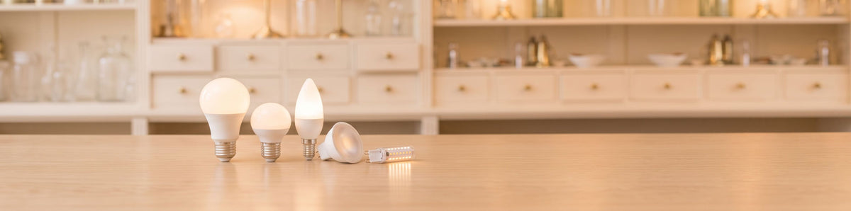 Ampoules LED poire, sphérique et flamme allumées, spot et capsule LED sur un comptoir en bois clair