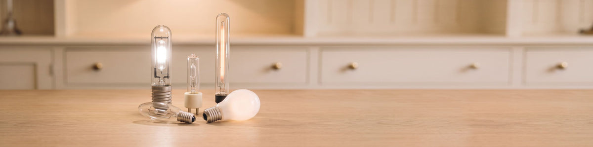 Lampes professionnelles aux halogénures métalliques et au sodium, à culot vis et à broches, sur un comptoir en bois clair