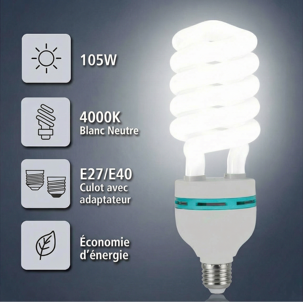 Ampoule fluocompacte CFL 105W E27 E40 lumière blanc neutre 4000K, forte intensité pour grands espaces et éclairage professionnel