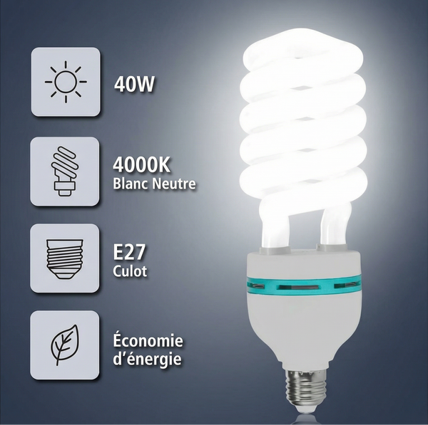Ampoule fluocompacte CFL 40W E27 4000K offrant un éclairage blanc neutre idéal pour les luminaires domestiques et professionnels