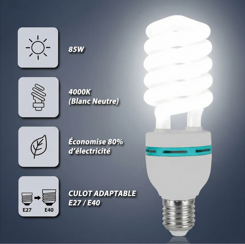 Ampoule fluocompacte CFL 85W E27 E40 4000K éclairage puissant blanc neutre pour hangars, ateliers et espaces industriels