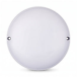 Runde weiße LED-Bullaugenleuchte 12 W mit Radarmelder und opalem Diffusor auf weißem Hintergrund