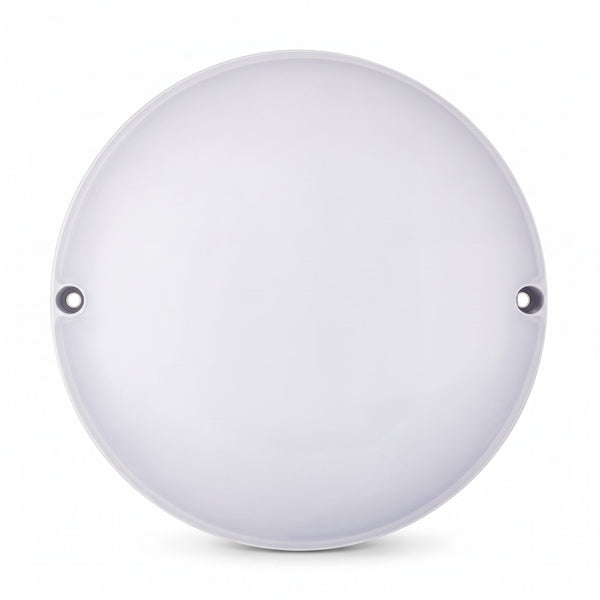 Runde weiße LED-Bullaugenleuchte 12 W mit Radarmelder und opalem Diffusor auf weißem Hintergrund
