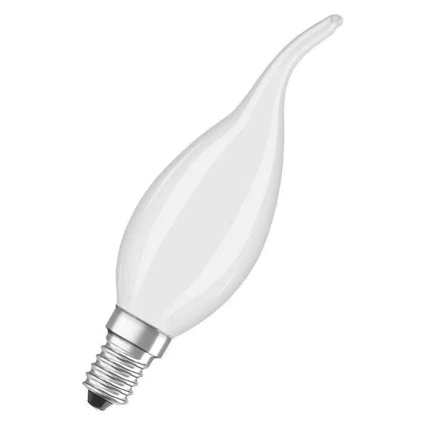 Ampoule flamme coup de vent en verre dépoli, culot E14, éteinte, sur fond blanc