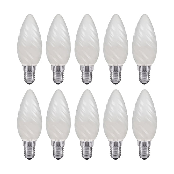 10er-Pack gedrehte Kerzenlampen E14 aus mattem Glas, in zwei Reihen auf weißem Hintergrund