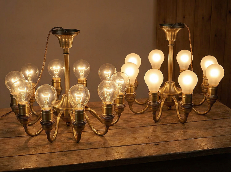 Mise en situation : pack de 10 ampoules sphériques E14, verre clair et verre dépoli, installées sur un lustre vintage pour comparer l'effet lumineux.