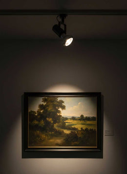 Projecteur sur rail noir éclairant un tableau de paysage accroché au mur d'une galerie