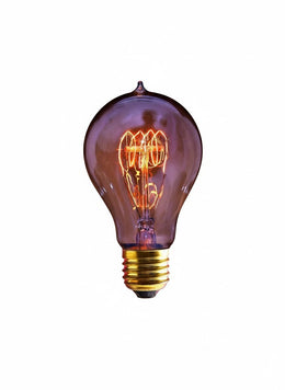 Ampoule Edison A70 Will allumée, filament Quad Loop en boucles et verre à pointe, culot E27, sur fond blanc