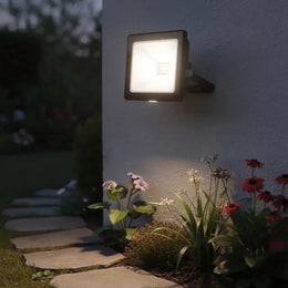 Projecteur LED noir allumé, fixé sur un mur extérieur au-dessus d'un massif de fleurs et d'une allée en pas japonais