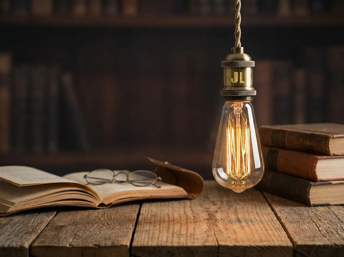 Ampoule ST64 à filament allumée, suspendue au-dessus d'une table en bois avec livre ouvert, lunettes et vieux livres
