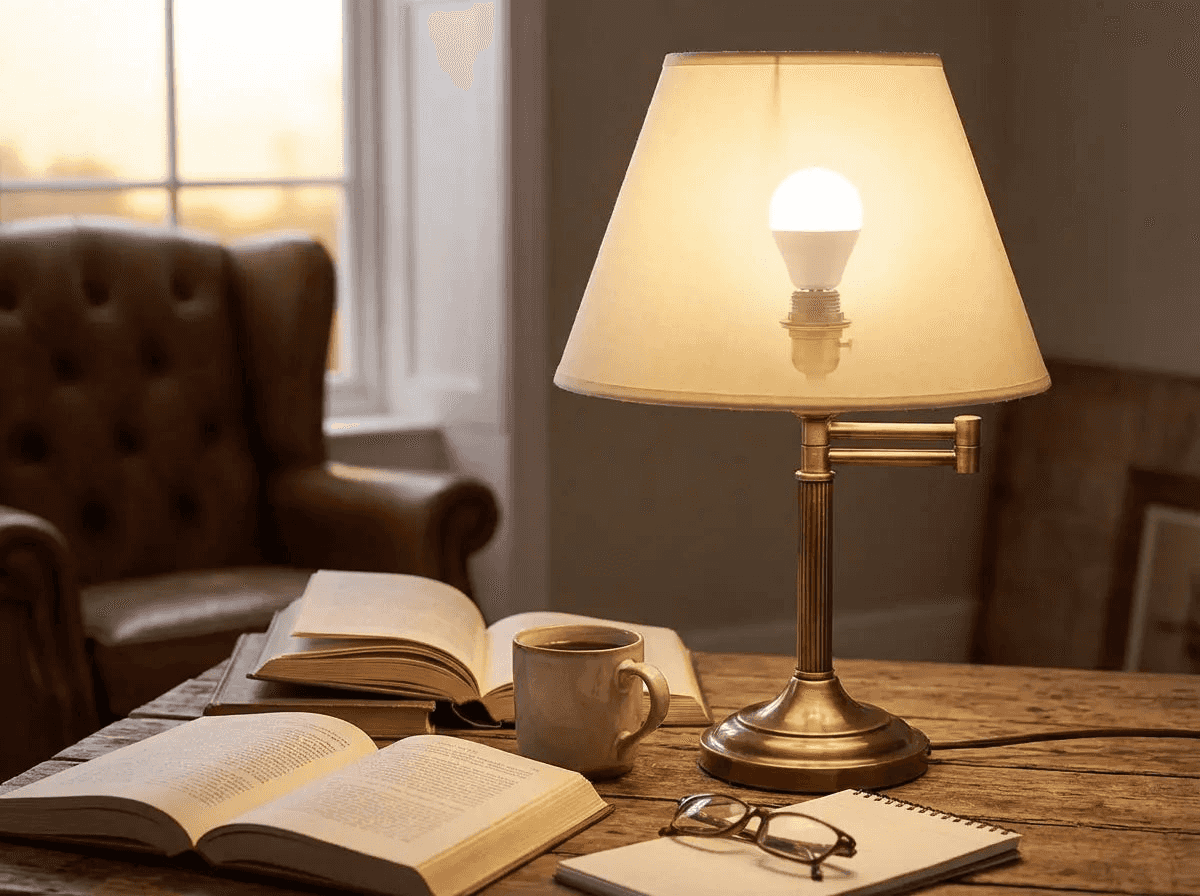 Ampoule LED G45 E14 allumée sous l'abat-jour d'une lampe de bureau en laiton, sur une table avec livres et tasse