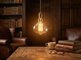 Ampoule R125 à filament cage allumée, suspendue au-dessus d'une table en bois dans une bibliothèque