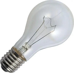 Grande ampoule incandescente en verre clair, culot à vis E27 et filament visible, vue de trois quarts
