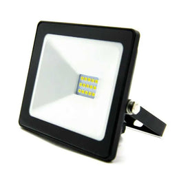 Projecteur LED 10W IP65 à boîtier noir, réflecteur blanc et petit module LED, avec étrier, sur fond blanc
