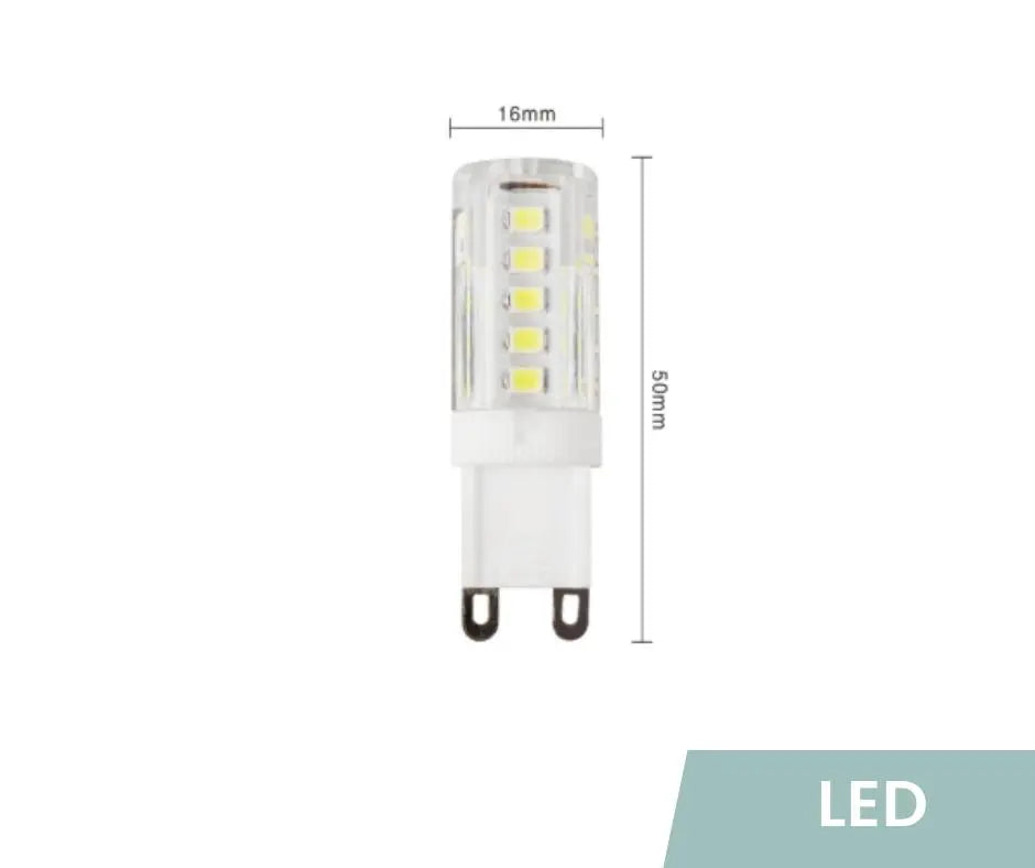 Capsule G9 LED SMD transparente avec ses cotes : 16 mm de largeur et 50 mm de hauteur, sur fond blanc
