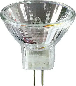 Spot halogène MR11 12V 20W Ø35 mm, réflecteur à facettes en verre et culot à deux broches, sur fond blanc