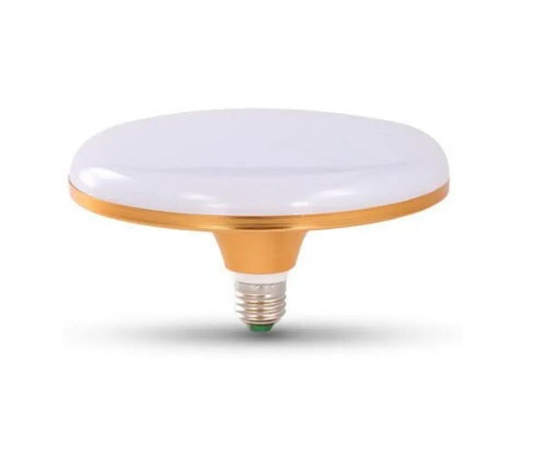 Ampoule LED UFO 36W E27, diffuseur blanc plat cerclé de doré, vue de profil sur fond blanc